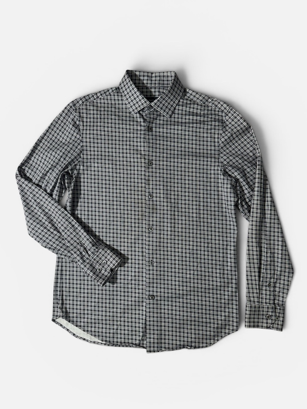 Bugatchi mens M Medium black check 8-way stretch knit button up shirt EUC